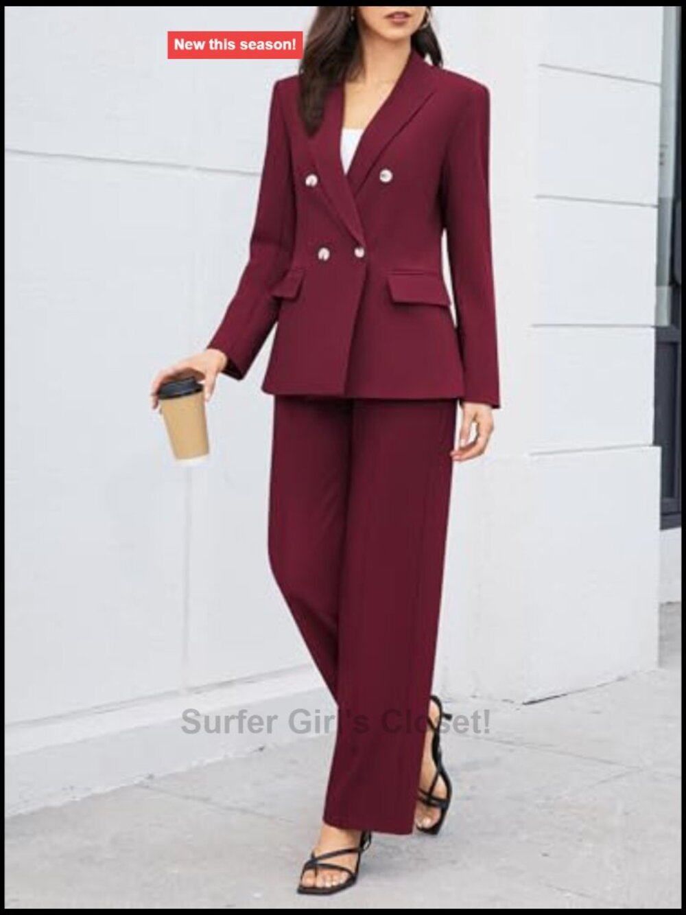 2 Piece Blazer & Wide Leg Pants Suit Set Business Casual Workwear - Picture 3 of 6